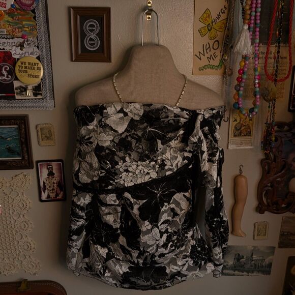 Y2K Lace Off Shoulder Blouse Women's Medium/Large Black White Floral Print - Picture 1 of 7